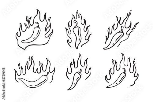 Hand drawn doodle fire hot chili peppers. Outline chile pepper