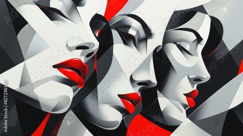 Abstract geometric painting with red, black and white shapes depicting human silhouettes, modern art, modern design