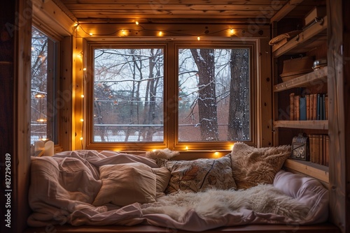 Cozy reading nook with fur blanket and soft lighting © Boraryn