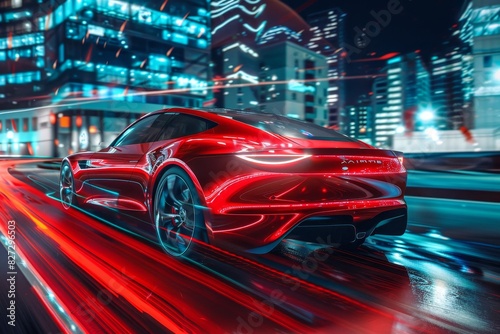 Rear view of a red business car zooming through a high-speed highway in the city at night