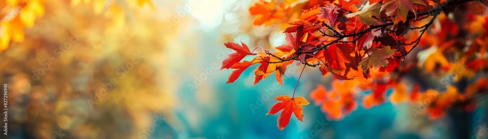 Fall Foliage Focus on trees with vibrant red, orange, and yellow leaves with a scenic forest background, soft daylight, empty space left for text Fall Foliage Focus on trees with vibrant red, orange, and yellow leaves with a scenic forest background, soft daylight, empty space left for text