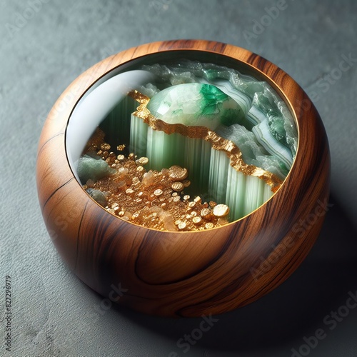 Ornate 3D paperweight with layered stone design and miniature golden tree landscape on wooden base photo