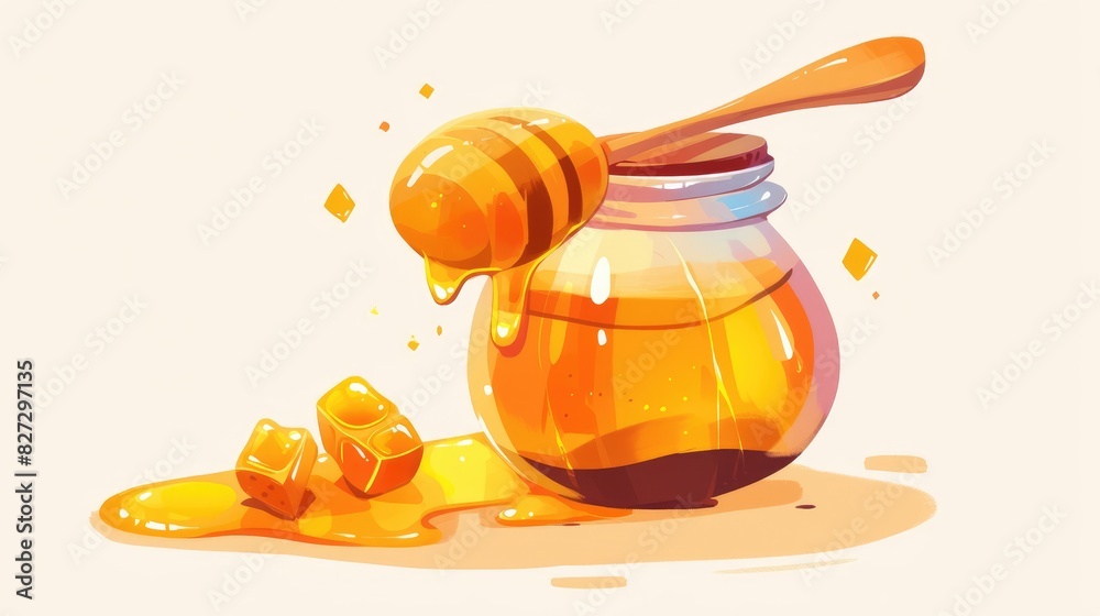 A delightful 2d illustration showcases golden honey in a glass jar cascading down from a spoon set against a clean white backdrop in charming cartoon flat style