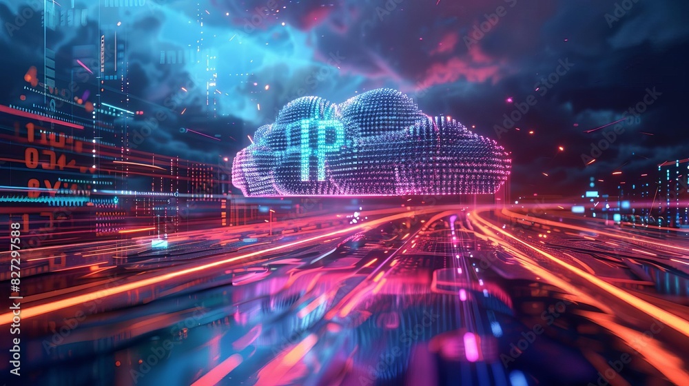 Futuristic glowing blue and pink cloud computing and data storage concept. 3D illustration.