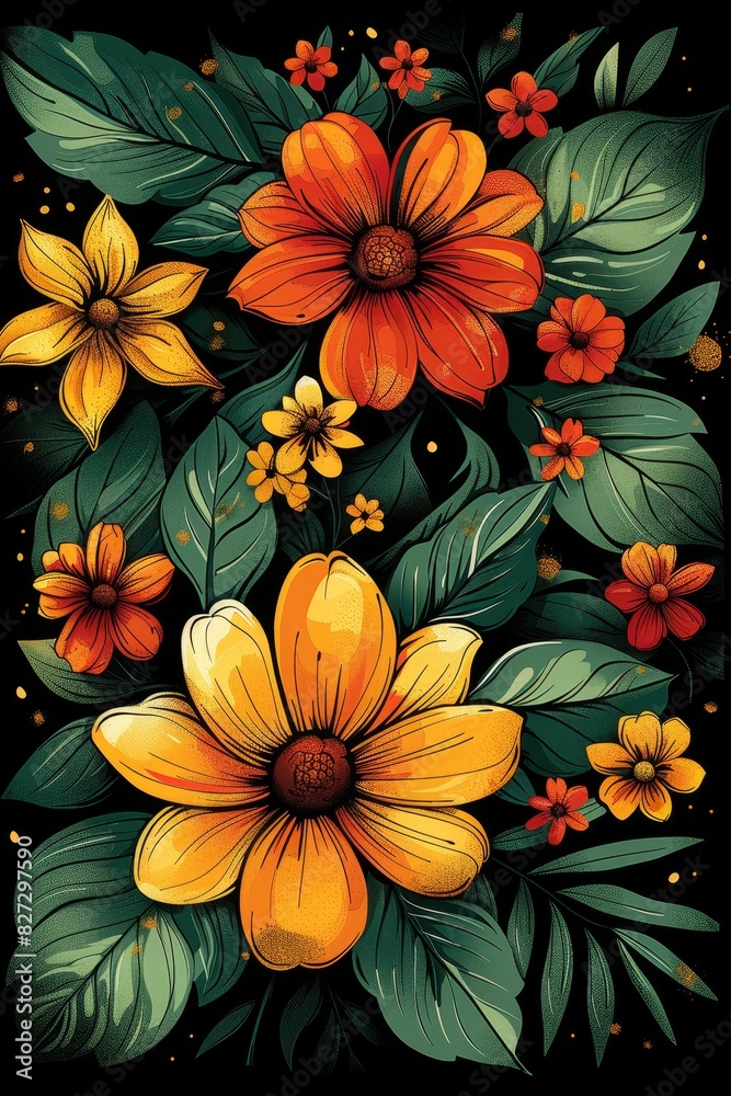 Floral and Leaf Painting on Black Background Floral and Leaf Painting on Black Background