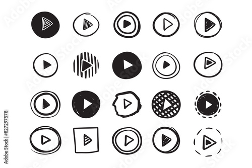 Doodle play icon button collection drawing cartoon style