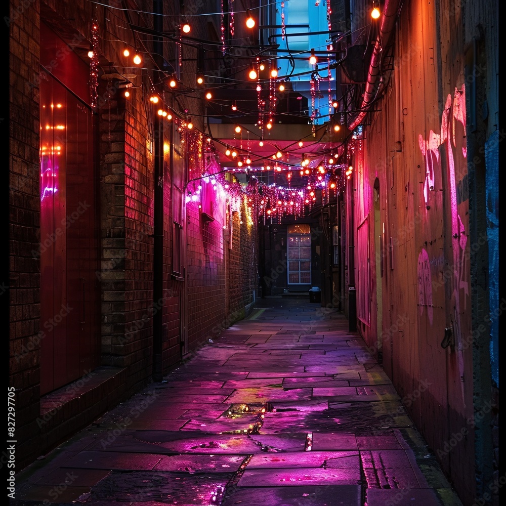 Glow & Shabby: Describe a shabby, old street with a new installation of glowing, colourful lights, creating a magical effect that brings a sense of renewal and vibrancy to the rough, textured Glow & Shabby: Describe a shabby, old street with a new installation of glowing, colourful lights, creating a magical effect that brings a sense of renewal and vibrancy to the rough, textured