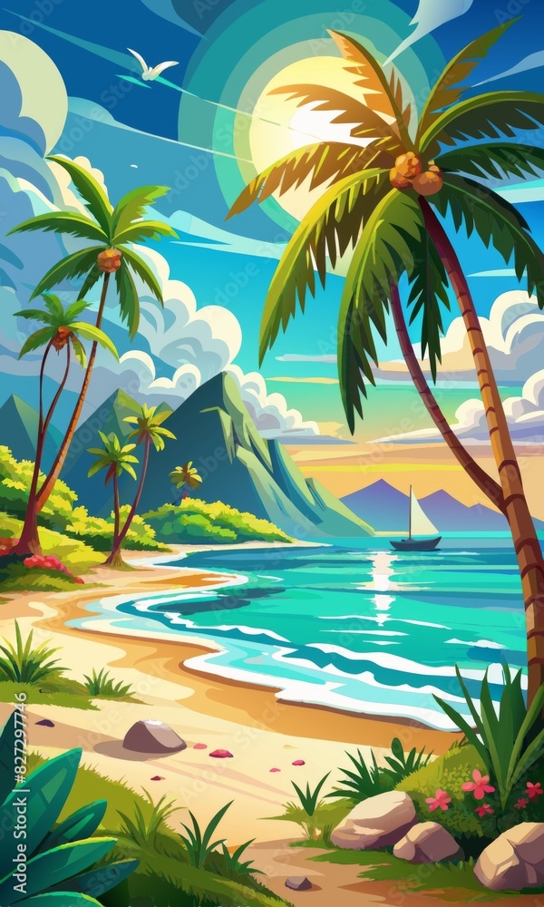 Fototapeta premium Watercolor beach with palm trees and sun, landscape, seascape background. 