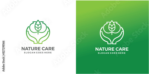 Nature Care logo design, hand and leaf combination logo design template. photo