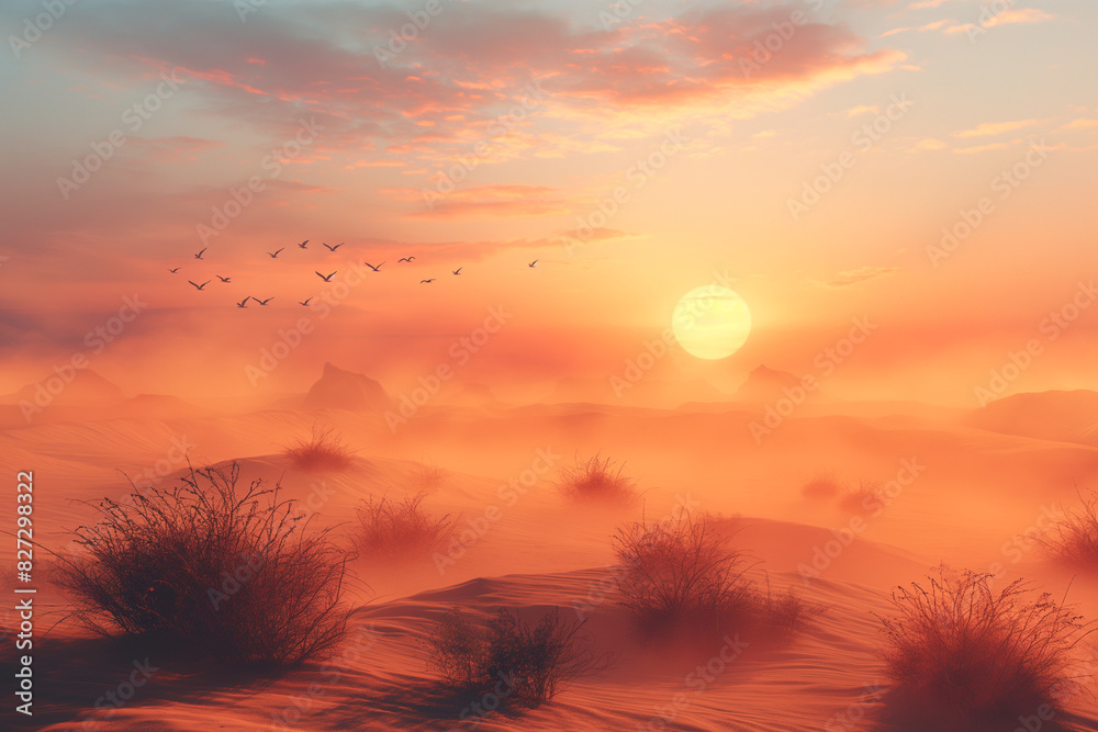 Obraz premium Birds flying over a desert landscape at dawn, the sandy dunes and rugged terrain highlighted by the soft, warm light of the rising sun.