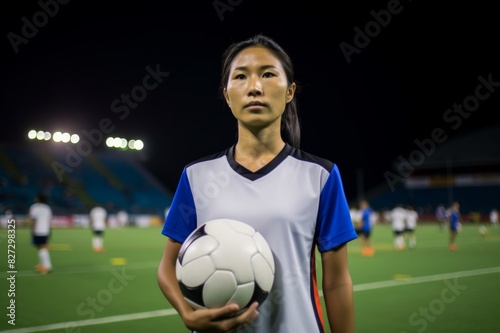 female thai soccer player standing on field with ball
