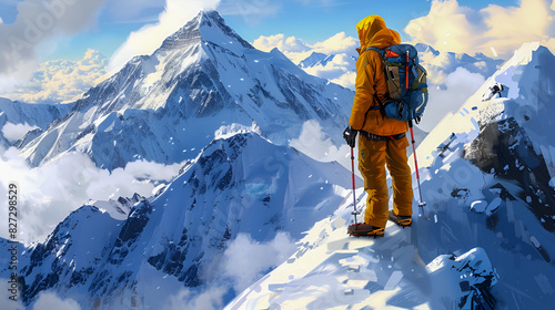 Triumphant Mountaineer Surveys Majestic Snow-Capped Peaks Beneath Azure Sky photo