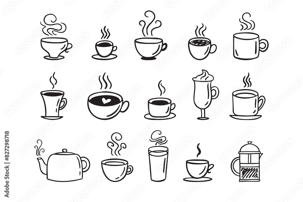 Obraz premium Hand drawn hot drinks set. Doodle coffee cups white background. Coffee, tea, cappuccino, espresso, latte, americano, hot chocolate