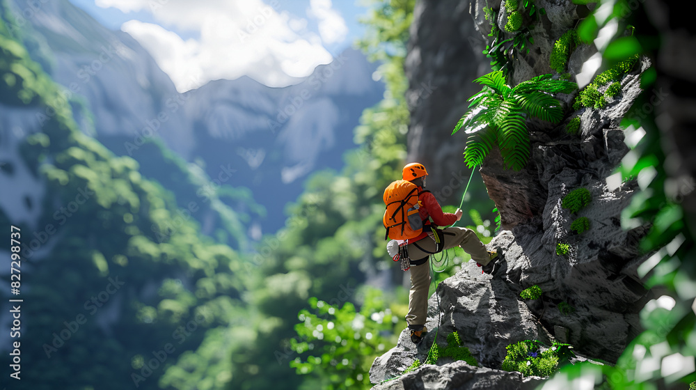 Rock Climber in Red Helmet and Blue Shirt Scaling Mossy Cliff in Lush Green Forest - Realism, Determination, Courage Rock Climber in Red Helmet and Blue Shirt Scaling Mossy Cliff in Lush Green Forest - Realism, Determination, Courage