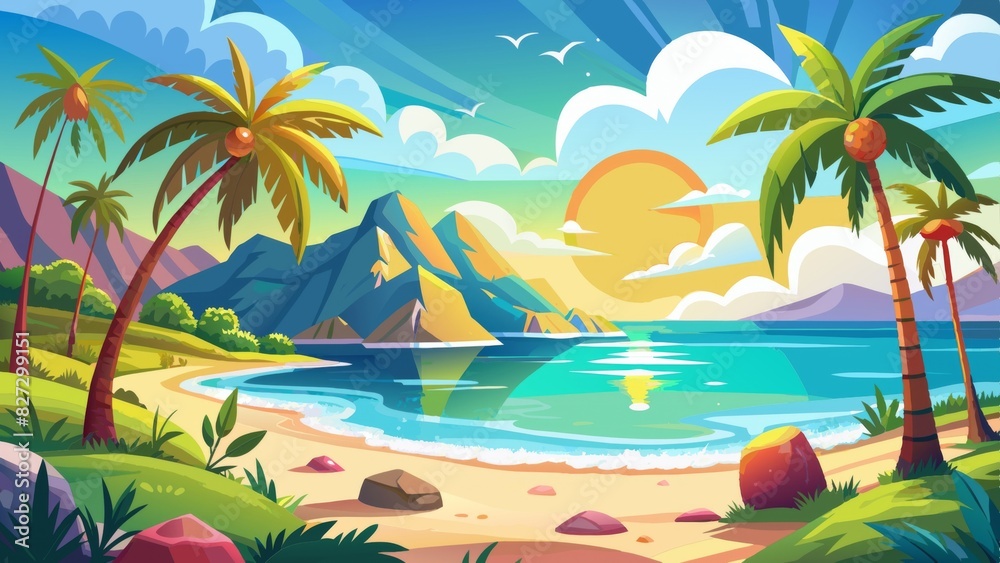 Watercolor beach with palm trees and sun, landscape, seascape background. Watercolor beach with palm trees and sun, landscape, seascape background.