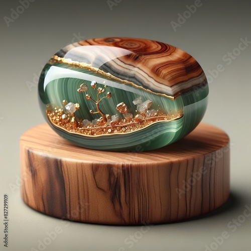 Ornate 3D paperweight with layered stone design and miniature golden tree landscape on wooden base photo