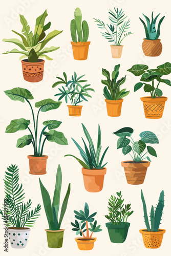 Decorative Houseplants Collection, Trendy Potted Plants in Isometric Style on White Background
