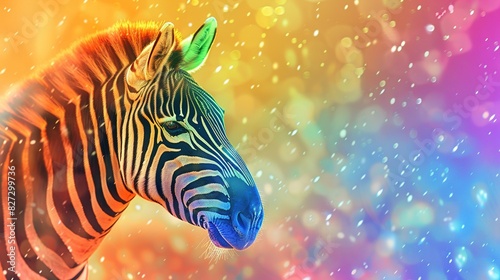 Creative fantasy animals. Rainbow zebra with colored stripes on a bright background