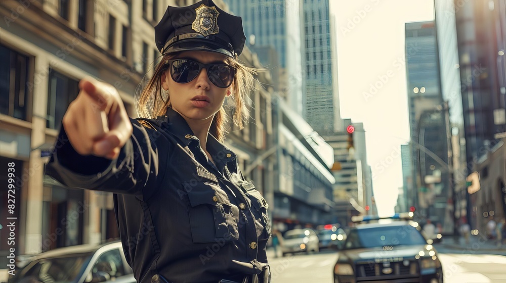 Police Officer Focus on a female police officer directing traffic with a city street background, midday light, empty space center for text Police Officer Focus on a female police officer directing traffic with a city street background, midday light, empty space center for text