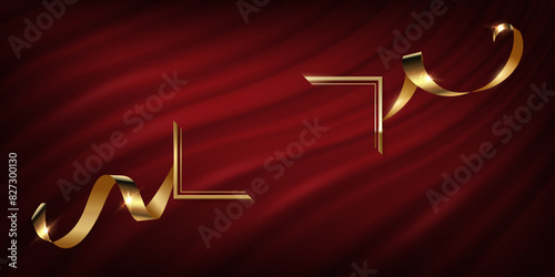 Gold award frame with golden silk ribbon on red curtain vector illustration. Realistic 3d vintage luxury banner for awards ceremony, elegant frame invitation on royal curtain mantle background