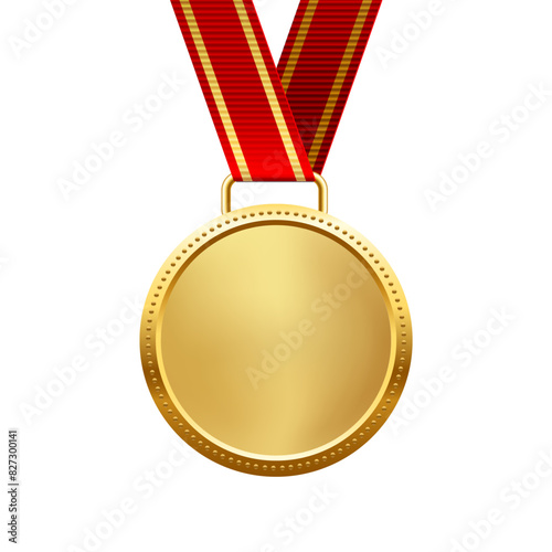 Gold medal with red ribbon first place vector illustration. Realistic isolated trophy medal with metal reward badge for winners and champions