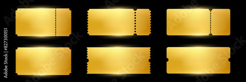 Gold empty tickets templates set. Golden vector coupon, stickers or discount tags mockups collection isolated on black background. Cinema, theater, concert, party, event, festival invitation entrance