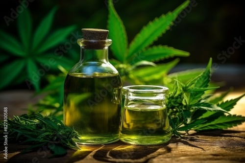 Green leaves of medicinal cannabis with extract oil