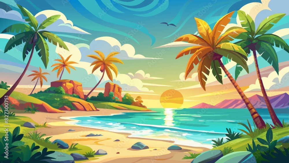 Watercolor beach with palm trees and sun, landscape, seascape background. Watercolor beach with palm trees and sun, landscape, seascape background.