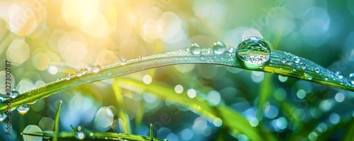 Obraz  z motywem Close-up of fresh green grass with morning dew drops sparkling in sunlight, creating a vibrant, natural, and serene outdoor scenery.