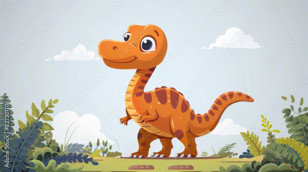 Naklejka premium Adorable cartoon dinosaur standing in a lush green landscape under a blue sky.
