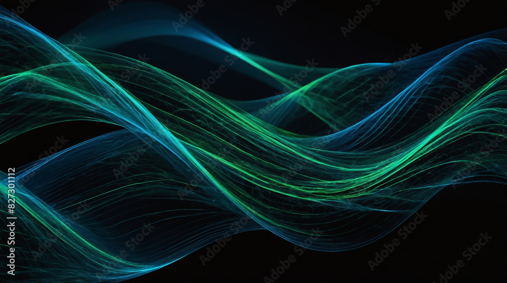 Dynamic blue-green lines against a black backdrop symbolize AI, digital technology, 5G innovation, scientific exploration, and musical creativity. Dynamic blue-green lines against a black backdrop symbolize AI, digital technology, 5G innovation, scientific exploration, and musical creativity.
