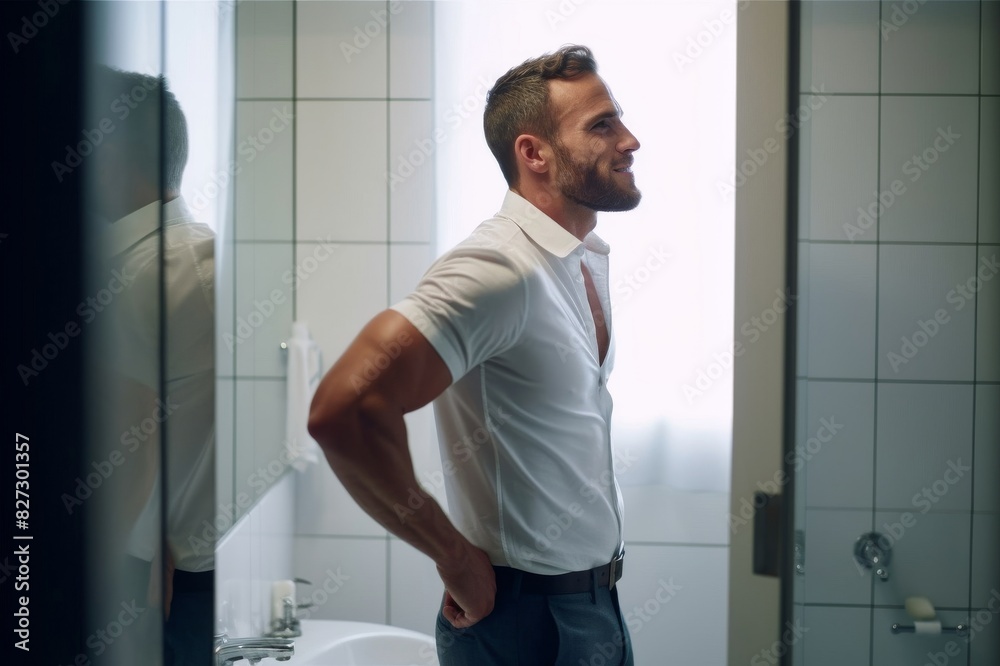 Handsome Young Man Checking his Beard in a Bathroom Mirror