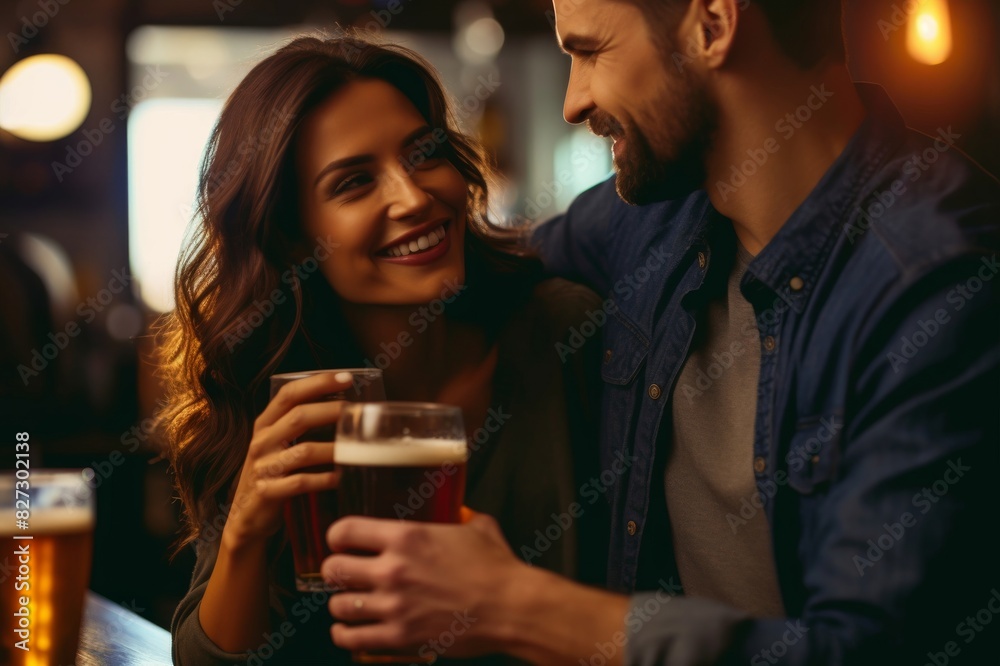 happy mid adult woman leaning on man while holding beer glass in bar