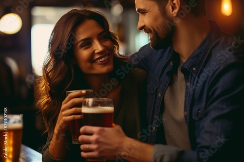 happy mid adult woman leaning on man while holding beer glass in bar