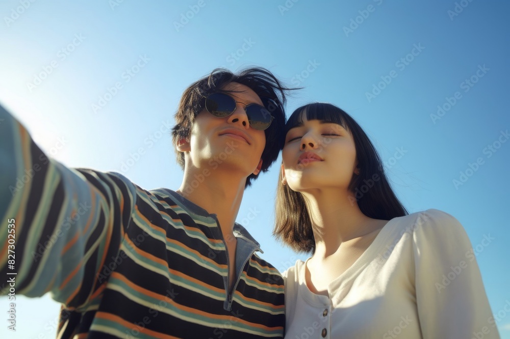 happy teenage couple taking a self portrait of themselves together outdoors against a blue cloudless sky in summertime