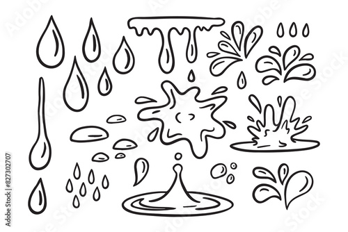 Water drops doodle icon sign. Decorative set Droplet splash symbol. Hand drawn ink sketch