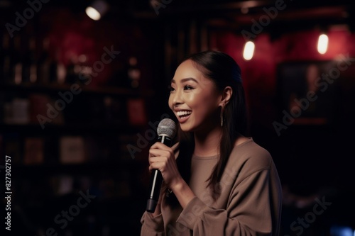happy young woman with microphone performing stand-up comedy at theater