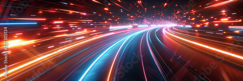 A minimalistic background with blurred light trails in purple and pink, speed motion. Pink and purple neon light trails in motion creating a dynamic and futuristic visual experience
