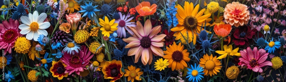 Vibrant and colorful arrangement of various flowers in full bloom, showcasing nature's beautiful diversity and bright, cheerful petals. Vibrant and colorful arrangement of various flowers in full bloom, showcasing nature's beautiful diversity and bright, cheerful petals.