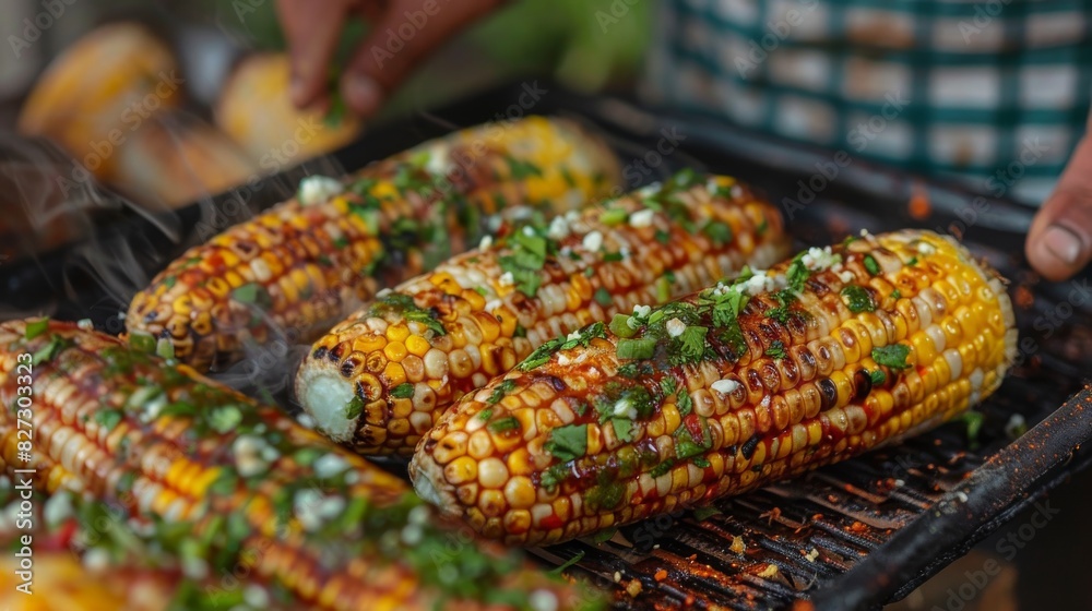 Street food vendor serving up fresh and spicy elote (Mexican street corn) Generative AI Street food vendor serving up fresh and spicy elote (Mexican street corn) Generative AI