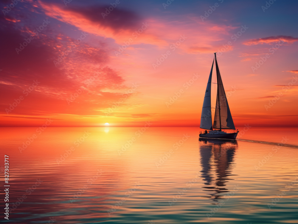 Sailboat drifting on the ocean at sunset, glowing horizon, calm and serene waters, silhouette against vibrant sky, peaceful journey, isolated white background, copy space