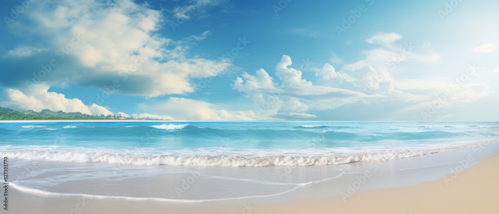 Serene beach scene with gentle waves lapping on golden sand, clear blue sky, peaceful atmosphere, untouched beauty, inviting and relaxing, isolated white background, copy space