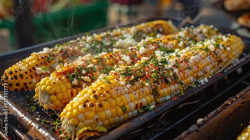 Street food vendor serving up fresh and spicy elote (Mexican street corn) Generative AI photo