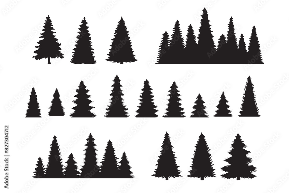 Obraz premium Vintage trees, forest silhouettes set. outline of a coniferous forest. Isolated. 