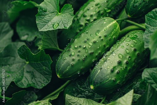 Many green cucumbers are growing on a vine in this image
