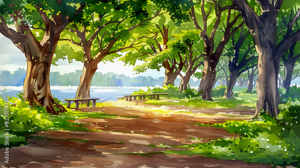 Sunlit Forest Path Along Lakeside Awash in Green Foliage Sunlit Forest Path Along Lakeside Awash in Green Foliage