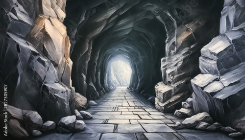 Stone tunnel. Cracked rock tunnel.