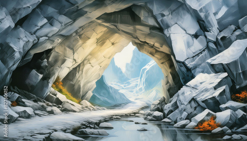 Stone tunnel. Cracked rock tunnel.