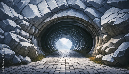 Stone tunnel. Cracked rock tunnel.