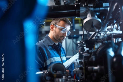 Male professional examining machine at factory